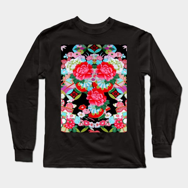 ANTIQUE JAPANESE FLOWERS Pink Blue Black Kimono Style Floral Long Sleeve T-Shirt by BulganLumini